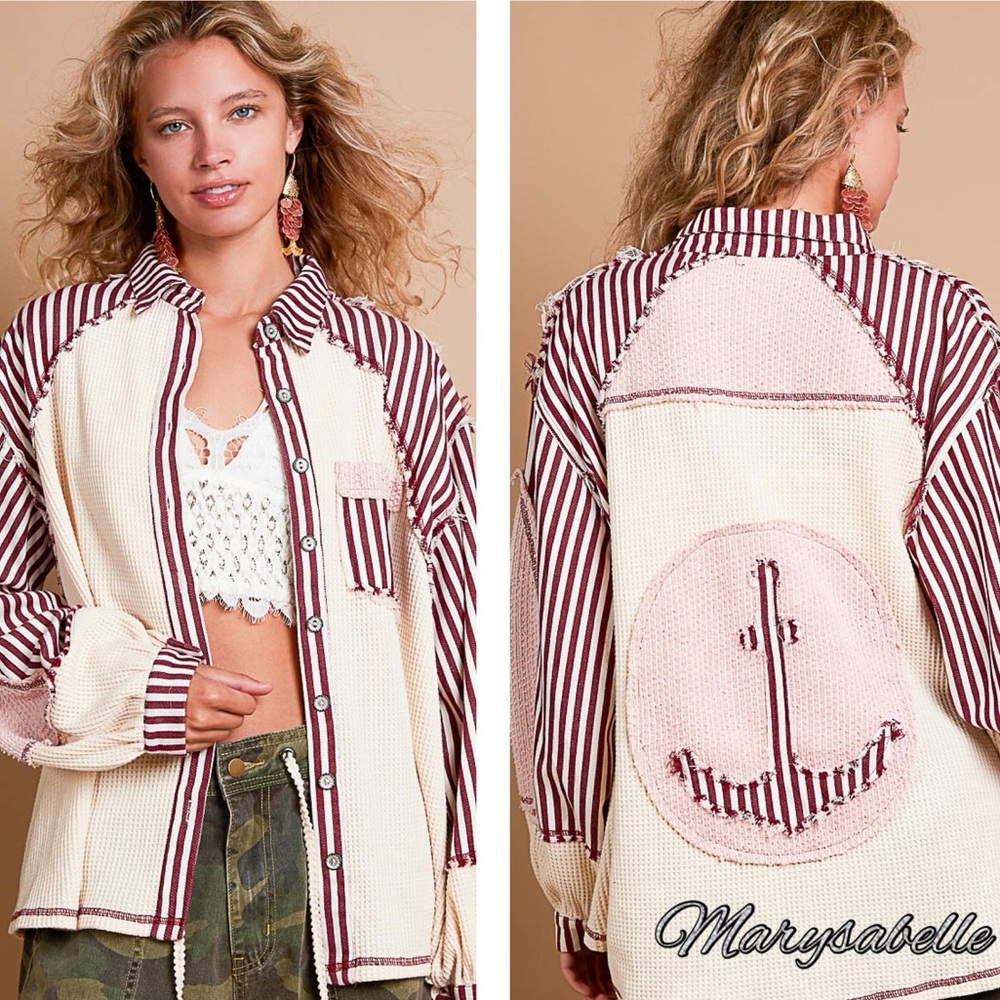 POL Mixed-Knit Striped Patchwork Shirt Jacket in Cream and Burgundy